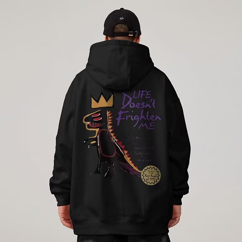 American hip hop hooded plus size men's sweater fleece-lined cartoon printed 2024 new casual dinosaur loose top American hip hop hooded plus size men's sweater fleece-lined cartoon printed 2024 new casual dinosaur loose top