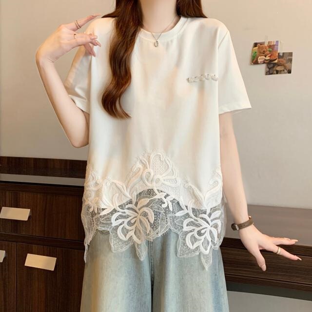 Jinbukang Plus-Size European-Style Lace Patchwork Stylish Short-Sleeve T-Shirt for Women, Summer Hollow-Out Youthful Top, White