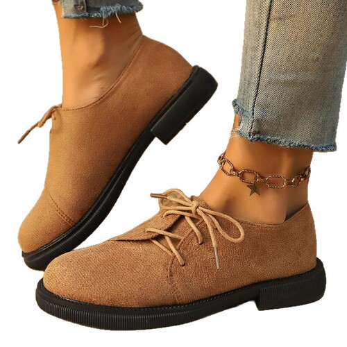 Women's Autumn New Thick Sole Loafers with Wide Heels, Lace-up Fashionable and Versatile Comfortable British Style Small Leather Shoes