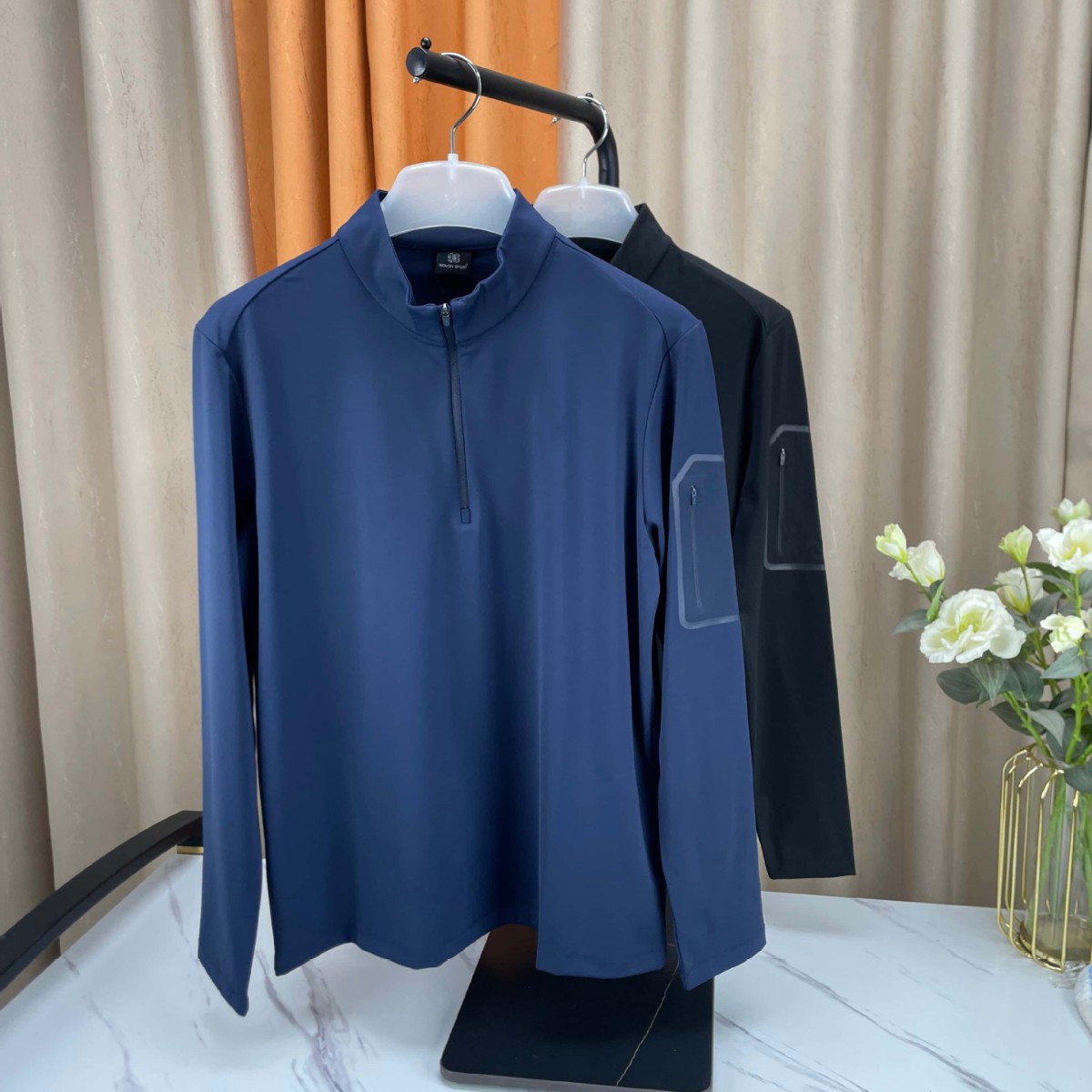 Men's long-sleeved quick-drying shirt with a stand-up collar and zipper, suitable for outdoor, business, casual, and sports activities, featuring a small tree design