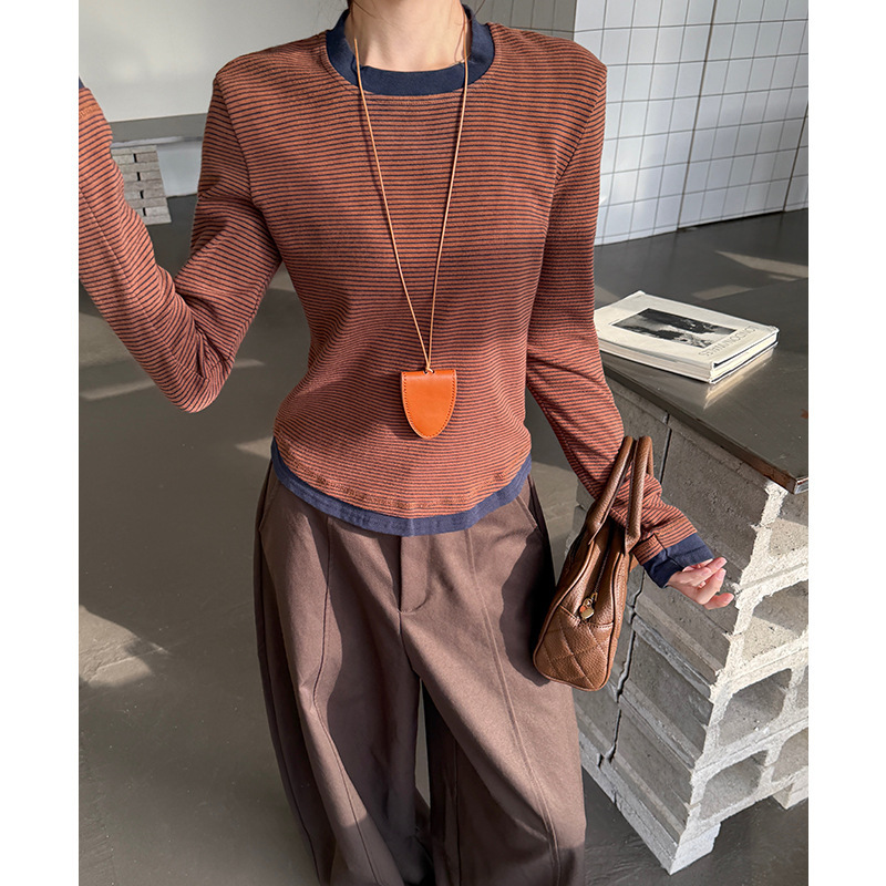 Real Shot # Brown Striped Round Neck Bottoming Shirt Long-Sleeved T-Shirt for Women 2025 Autum New Slimming Look Short Style