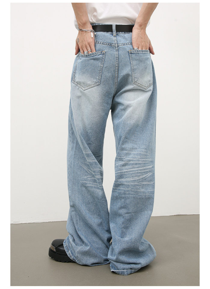 Quần jean nam ống đứng dáng suông rộng, vải denim giặt nước hiệu ứng nếp gấp, phong cách đường phố — Màu xanh lam chi tiết 17