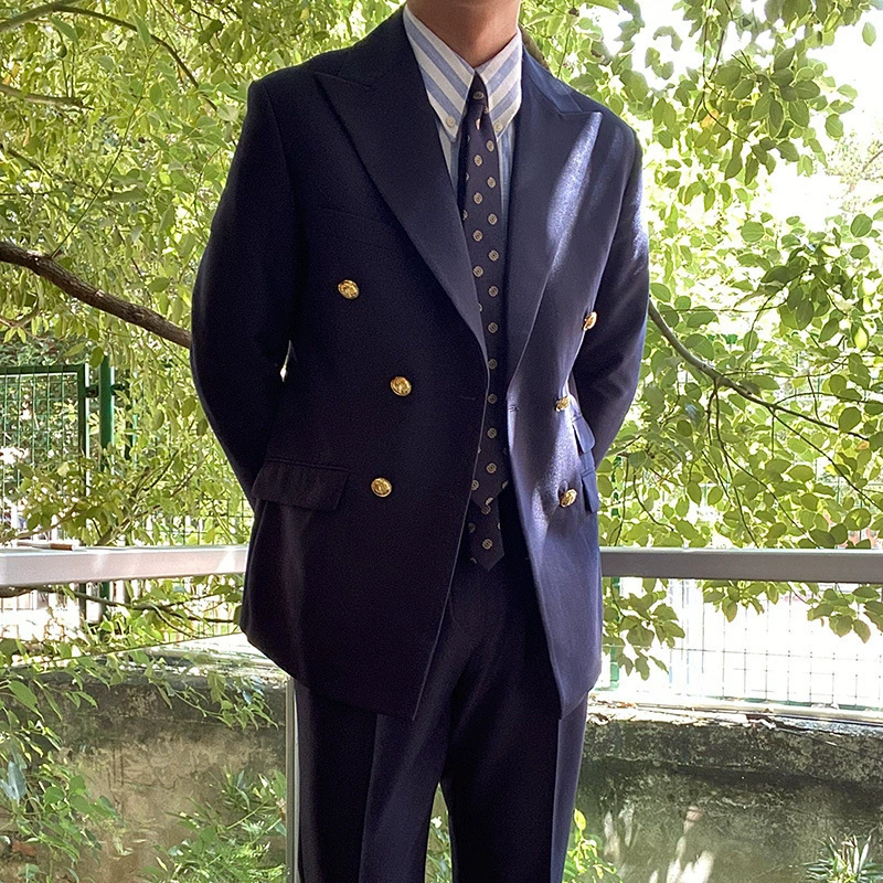 Пиджак-блейзер двубортный с металлической пряжкой, мужской casual business, неаполитанский стиль