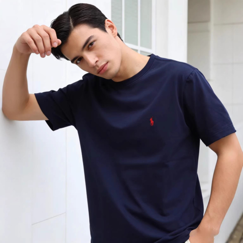 Rl Ralph Lauren Logo Pure Cotton T-Shirt, Round Neck, Couple's Solid Color Top, Unisex Short-Sleeve American-Style Embroidered T-Shirt