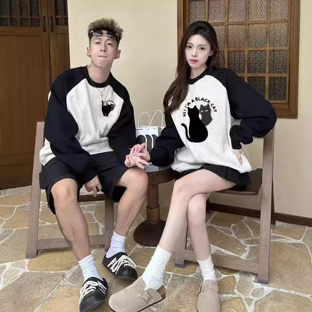 거울 고양이 RAGLAN 소매 둥근 목 커플 2024 가을과 겨울 새로운 패션 브랜드 특별한 다른 외투 착용