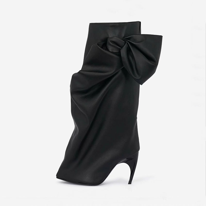 Black bow leather special-shaped heel mid-calf boots European and American style pointed stitching sleeve pleated stiletto heel fashion boots