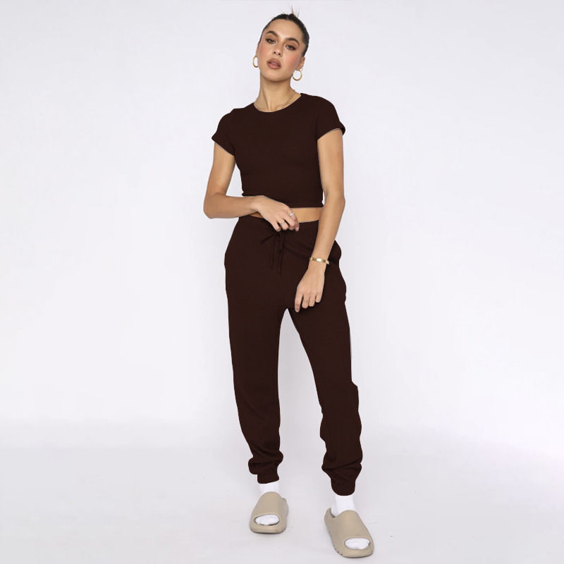 Spring Summer Solid Color Waffle round Neck Short Sleeve Women Clothing Casual Trousers Sets 33 Spring Summer Solid Color Waffle round Neck Short Sleeve Women Clothing Casual Trousers Sets