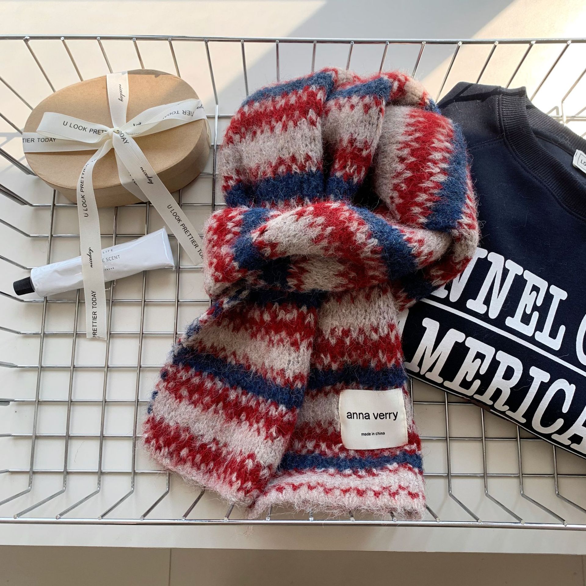 彩色条纹针织围巾女秋冬季韩版高级感氛围感百搭加厚保暖围脖学生