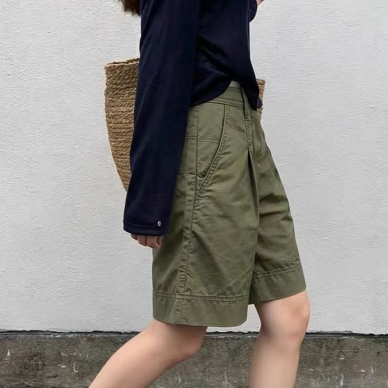 Summer Stylish Thin Pants Versatile Casual Sports Retro High-Waisted Army Green Workwear Five-Point Wide-Leg Pants for Women