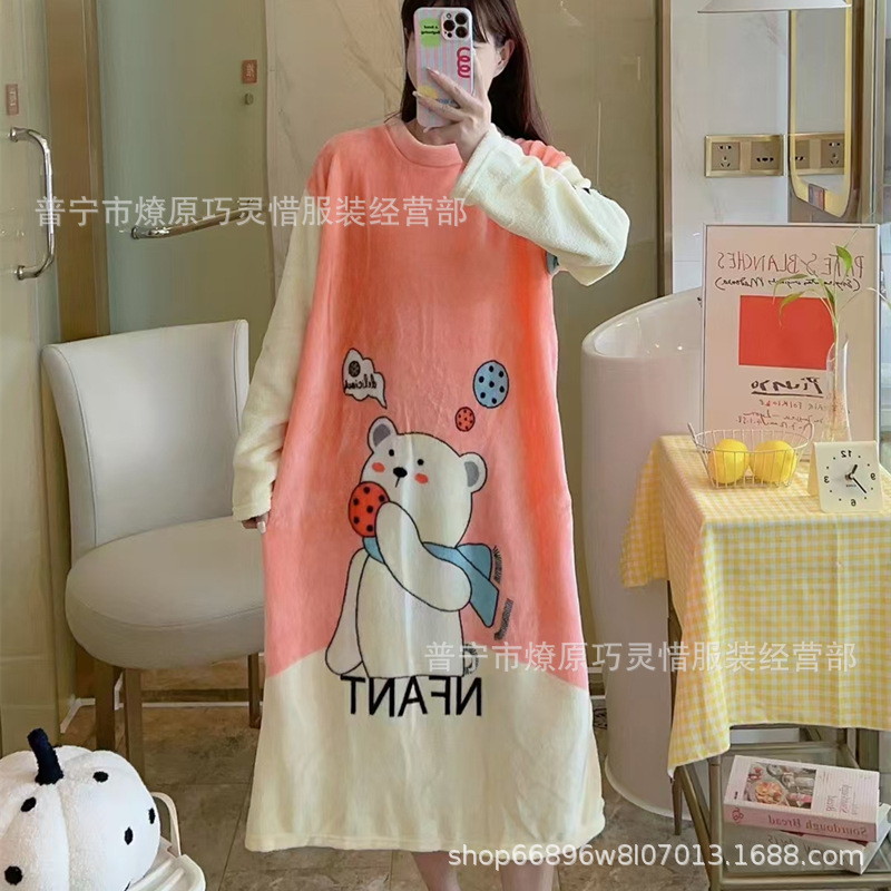 Pijamas de mujeres otoño invierno de franela lindo dibujo animado 2024 nuevo coral de lana gruesa falda cálida ropa para el hogar