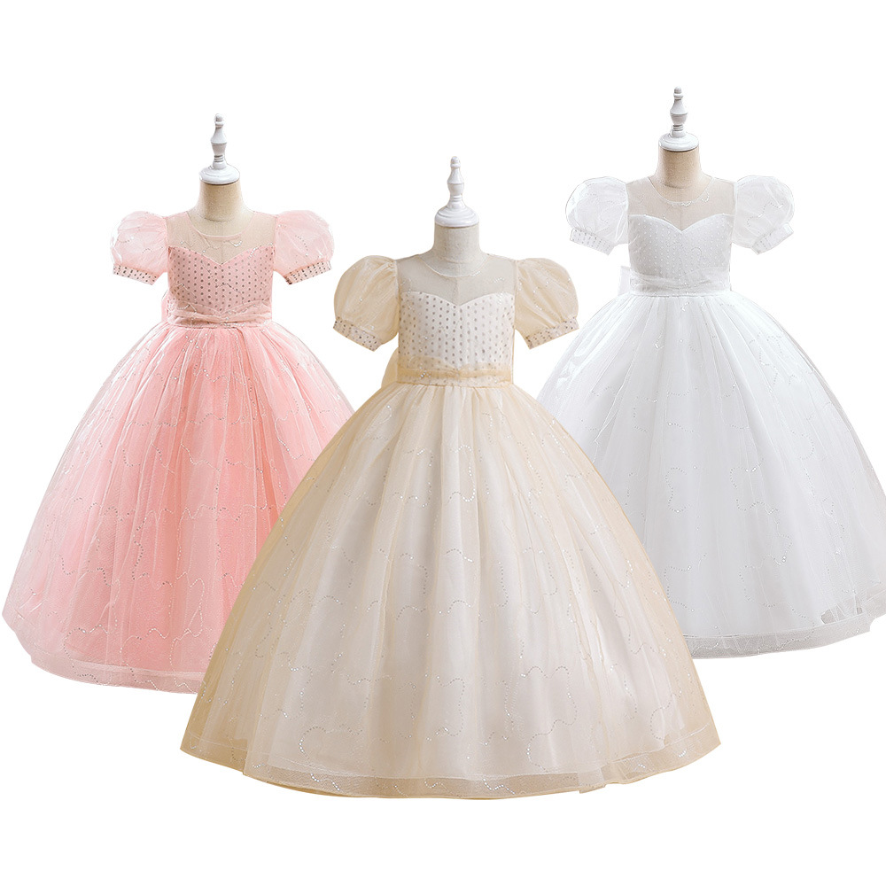 Transfronterizo europeo y americano nuevo medio y grande niñas vestido princesa vestido niños piano rendimiento malla lentejuelas puff manga vestido