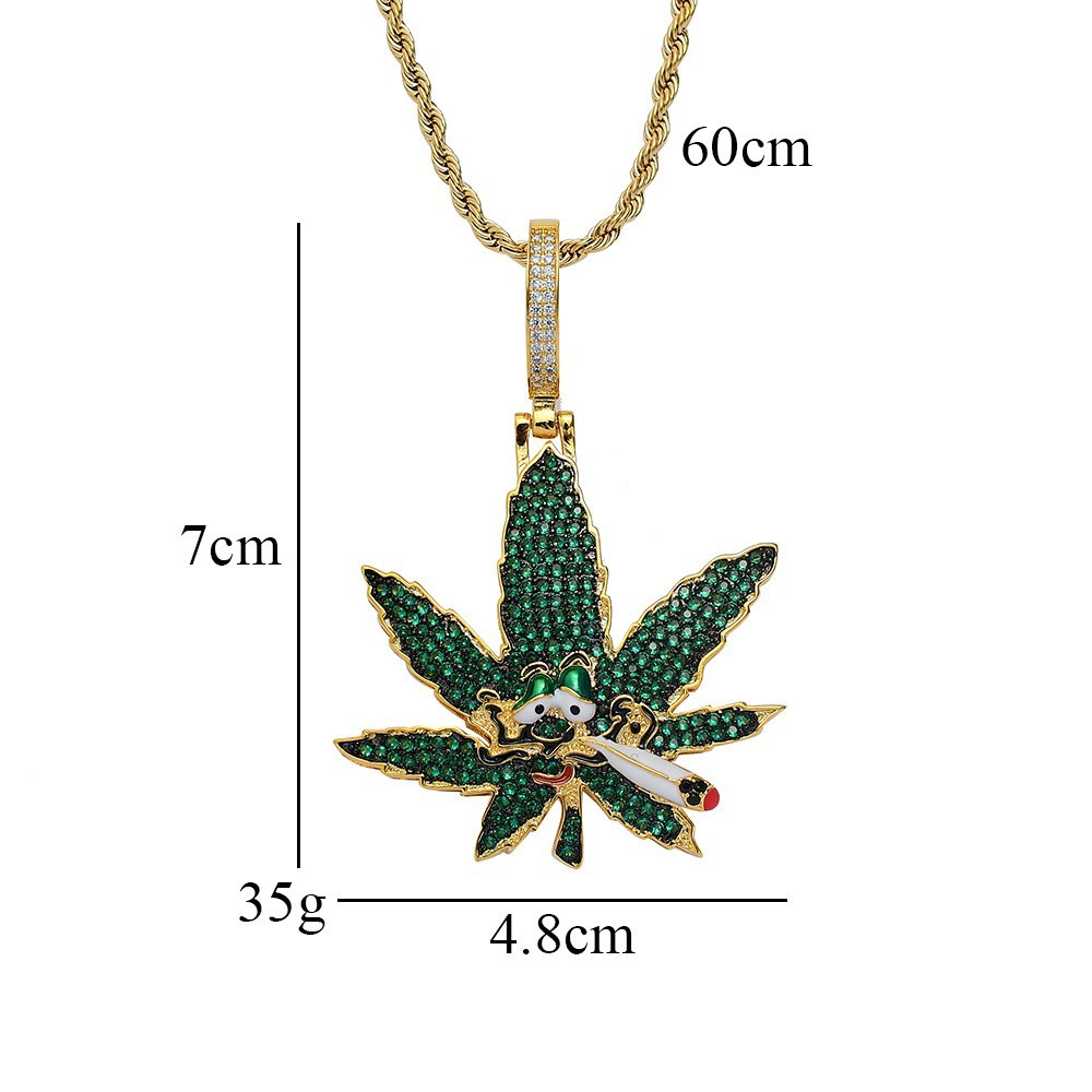 Zirconia Maple Leaf Pendant Necklace Full Diamond Cuban Chain_voghion.com