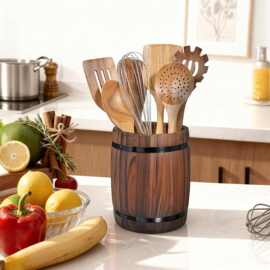 复古木质餐具收纳盒酒桶造型厨房台面刀叉筷子收纳架烹饪工具盒