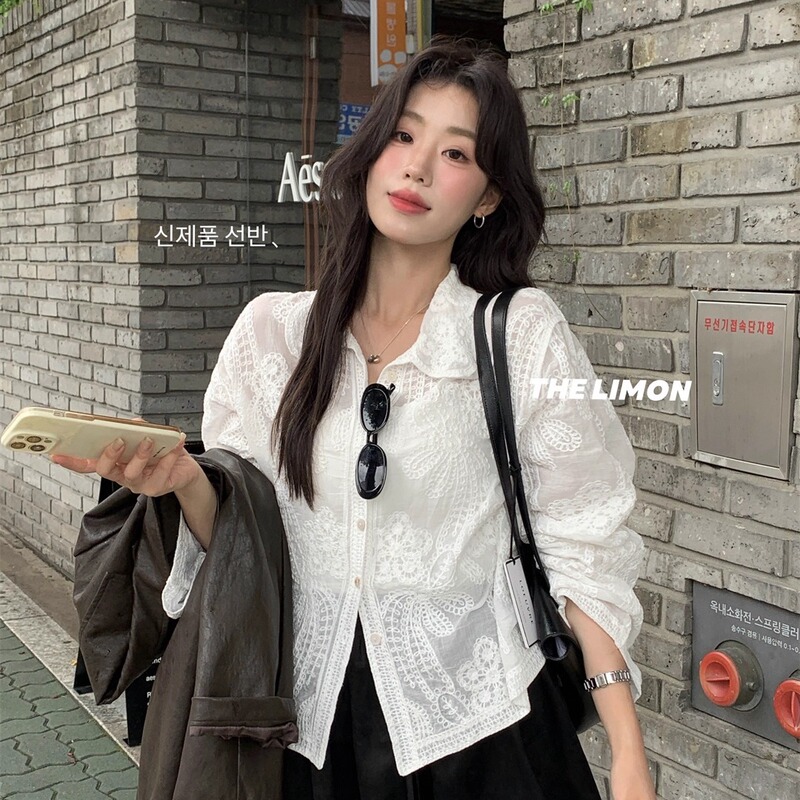 THE LIMON柠檬绿茶2025秋季蕾丝刺绣衬衫女法式立体长袖衬衣上衣|undefined