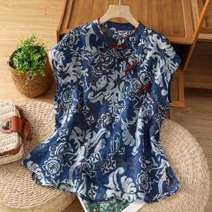 Actual Shot of 2025 New Summer Style Ramie Retro Chinese Style Buttoned Stand Collar Slanted Lapel Moon Sleeve Linen Loose Top