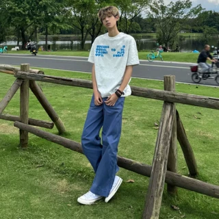 美式复古宽松直筒微喇法工蓝工装裤春秋季男女潮牌高街阔腿休闲裤