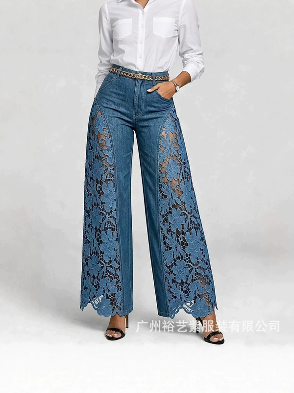 Cross-Border 2026 Amazon Independent Site European and American New Style Women's Elegant Washed Denim Lace Patchwork Long Jeans Cross-Border 2026 Amazon Independent Site European and American New Style Women's Elegant Washed Denim Lace Patchwork Long Jeans