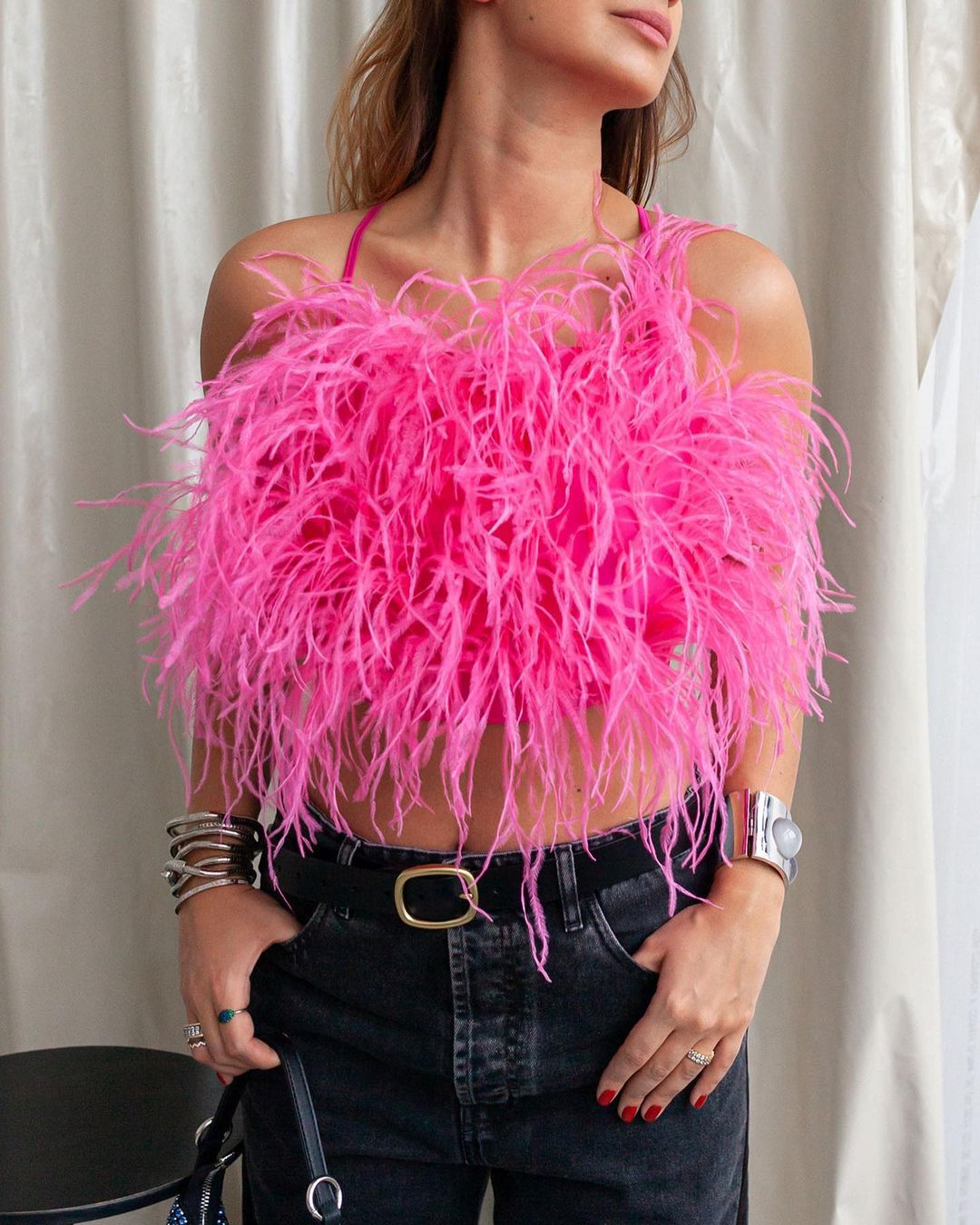 Furry Crop Top Women Ostrich Feather Bustier Tank Vest