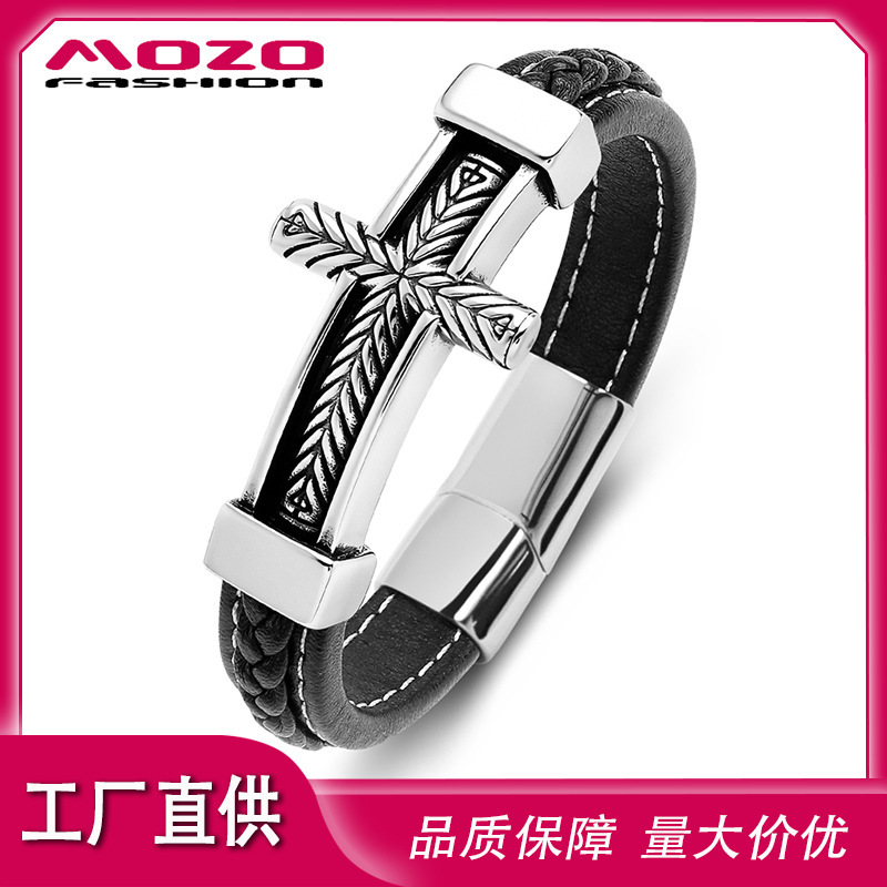 Amazon's Best-Selling Jewelry, European and American Style Titanium Steel Cross Punk Men's Leather Bracelet, Supports Customization Amazon's Best-Selling Jewelry, European and American Style Titanium Steel Cross Punk Men's Leather Bracelet, Supports Customization
