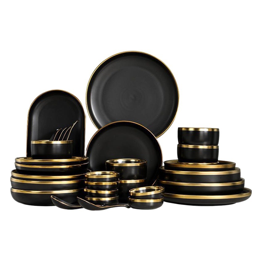 Vajilla de cerámica nórdica negra con borde dorado, tazones y platos para ensalada