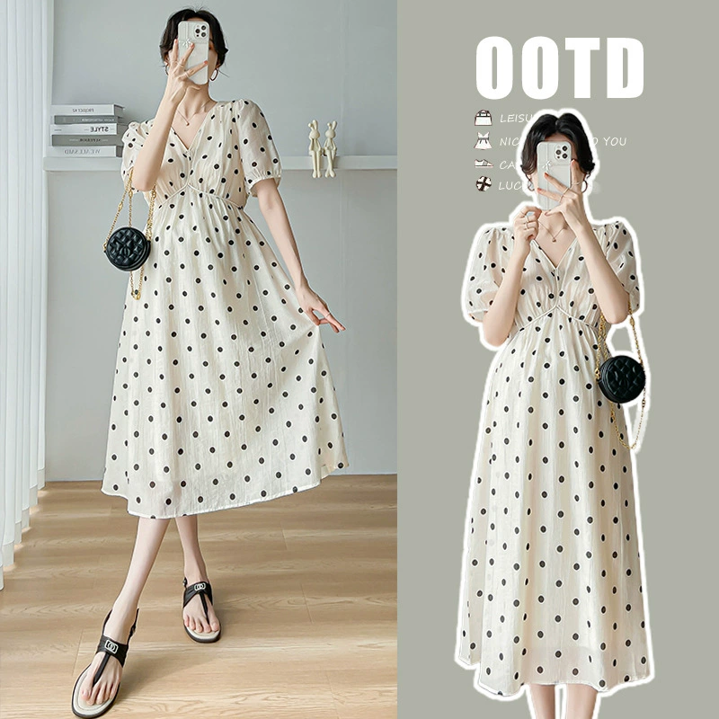 Беременная женщина летняя мода темперамент волновой точки платье с V-образным вырезом французское минималистское тонкое ретро платье с рукавами