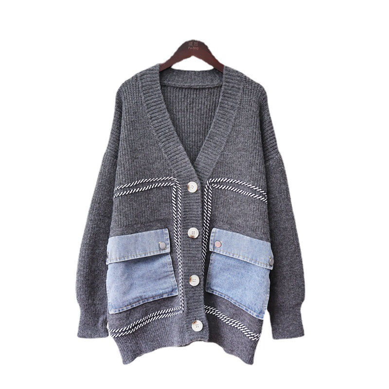 Damenbekleidung 2024 Herbst und Winter neue lockere Spleißen Denim-Strickjacke Design Lazy Style Pullover Jacke Damentrend_voghion.com