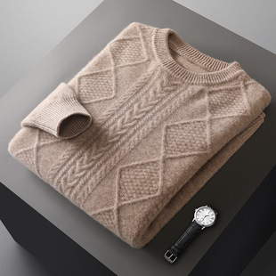 Autumn and Winter 100 Wool Knitwear Men's Pullover Round Neck Loose Thickeneded Jacquard Warm Cashmere Knitwear Base Knitwear