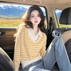 黄色条纹假两件POLO领长袖T恤女2025春季新款韩系chic设计感上衣