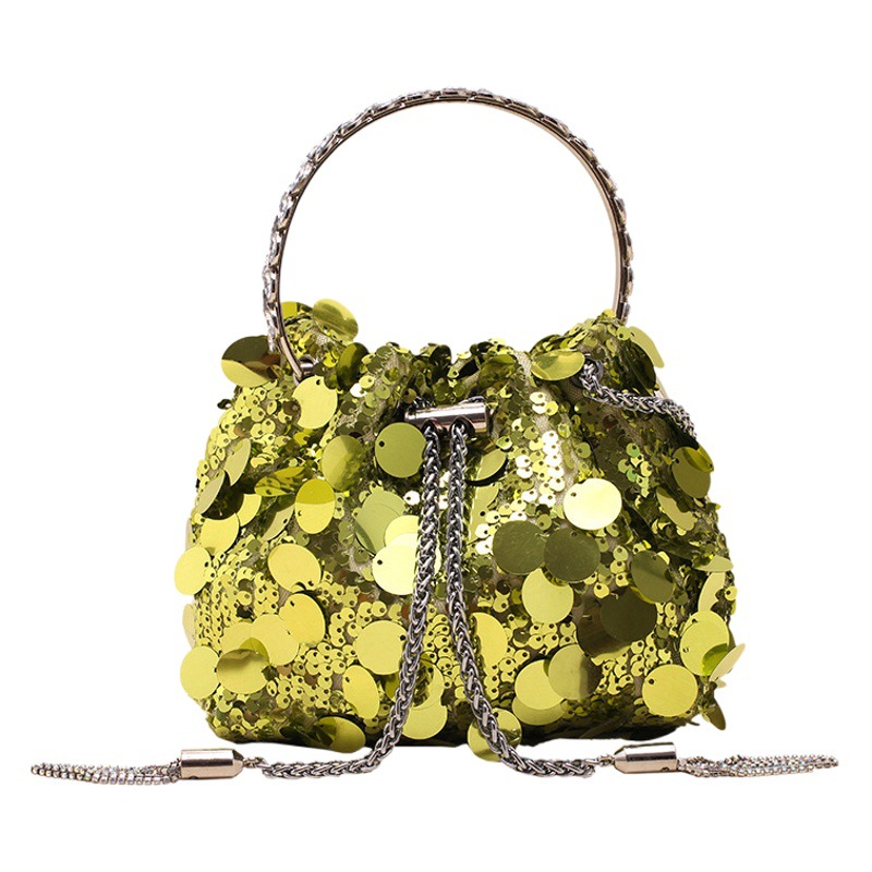 Bolso de mano, bandolera y bolso cruzado para mujer, de lujo ligero, con lentejuelas, cadena y borlas, modelo 2025, bolso de noche tipo cubo con lentejuelas