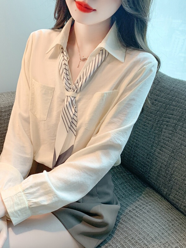 法式飘带长袖polo领衬衫女秋2025新款衬衣时尚减龄白色衬衣A6774|undefined