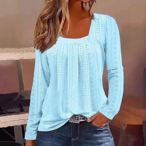 2025 Cross-border Amazon AliExpress TEMU European and American Style Collar Folded Long Sleeve T-shirt with Hollow Design