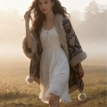 秋冬民族风毛球披肩旅游斗篷外搭彩色针织披肩云南旅行百搭毛领披