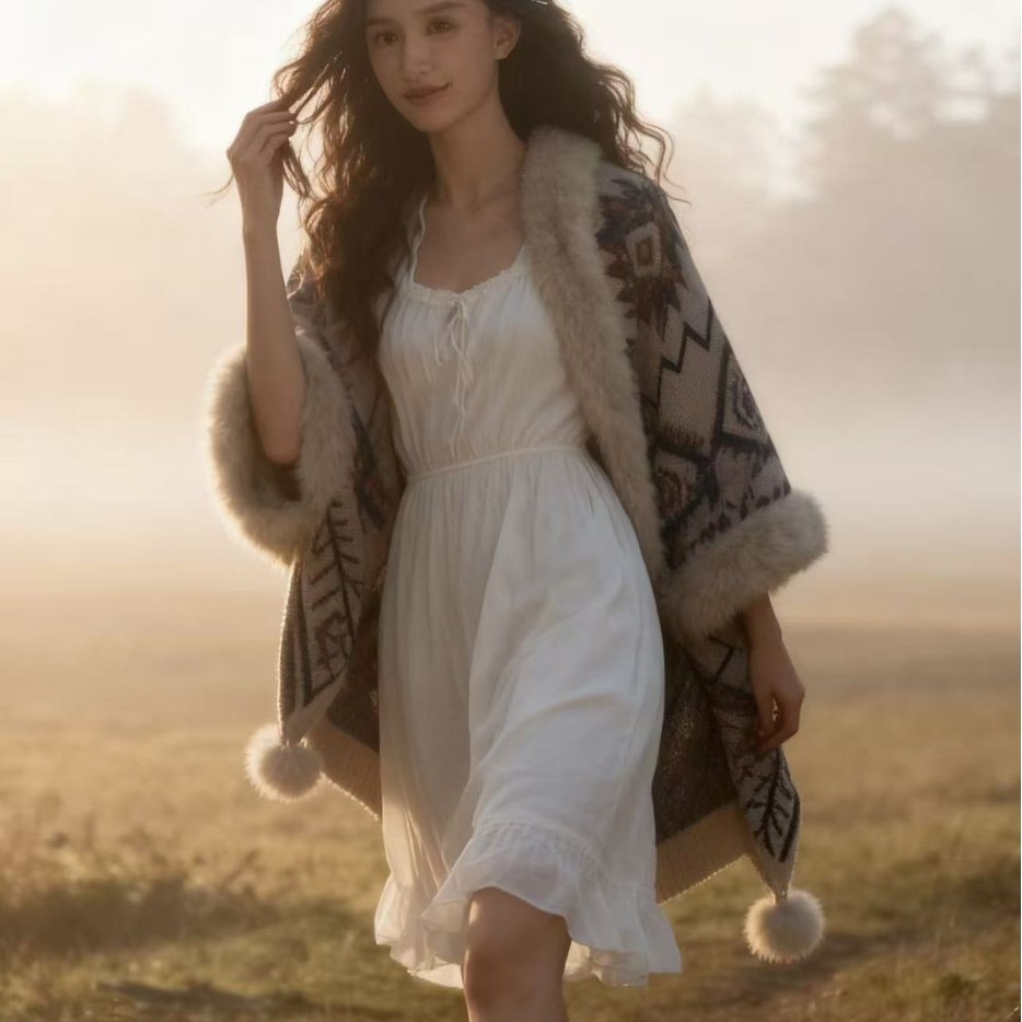 秋冬民族风毛球披肩旅游斗篷外搭彩色针织披肩云南旅行百搭毛领披