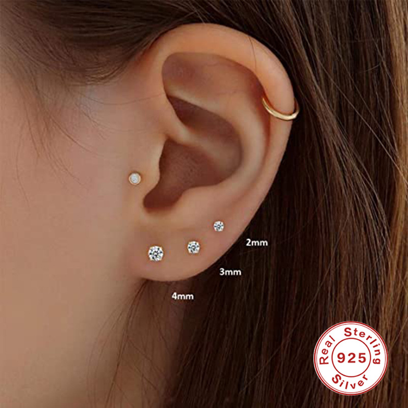 S925 plata esterlina europea y americana moda ins personalizado diamante Stud pendientes 3 sets de diamantes incrustados mini compromiso pendientes del todo partido