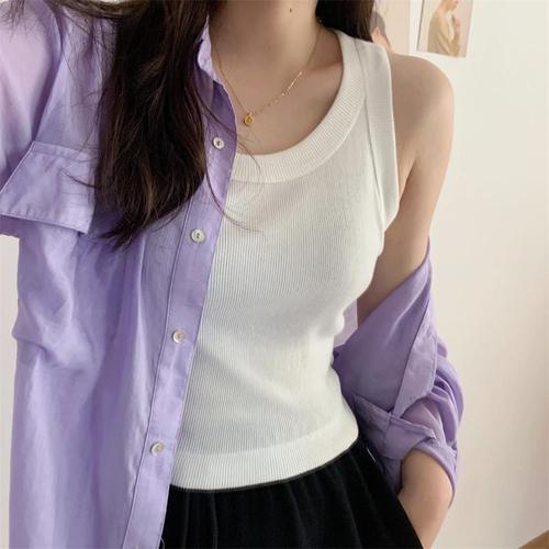 High-waisted short vest for women to cover breasts and prevent exposure, threaded cotton navel-baring bottoming camisole top 2024 summer new style