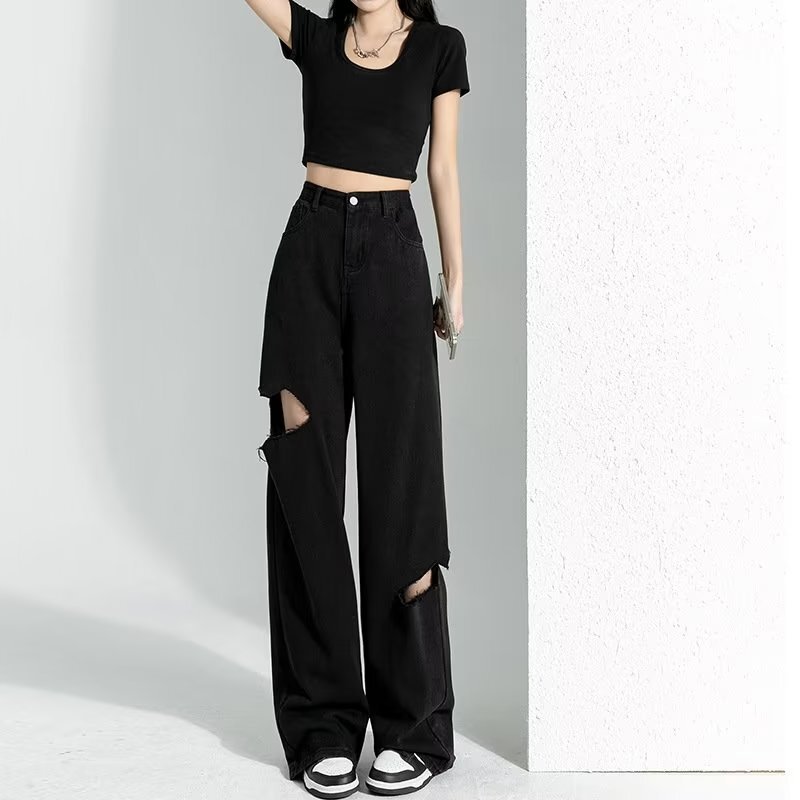 Black Ripped Denim Women's High Street Straight Beggar Summer Thin Loose Draped High Waist Wide Leg Floor-Length Trousers Trendy
