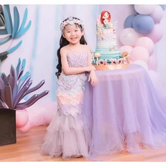 女童夏季新款女童重工美人魚公主禮服裙優雅無袖網紗連衣裙