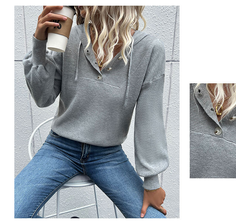Einfarbiger, langärmeliger Kapuzenpullover mit Knöpfen_voghion.com