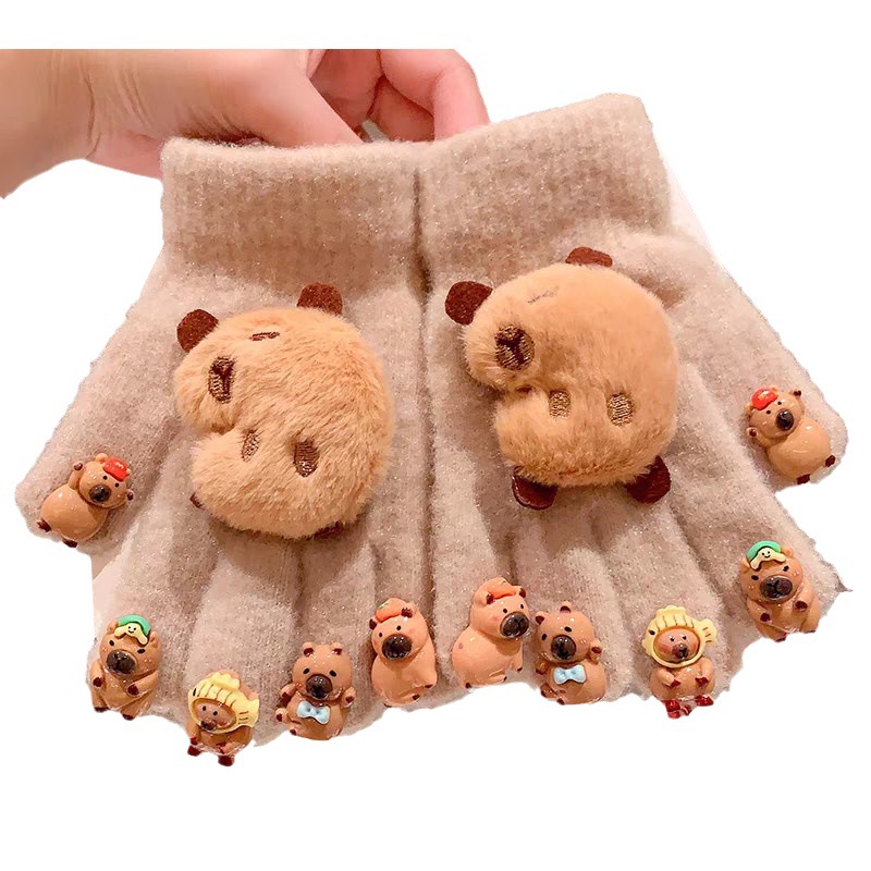 Guantes para niños Capibara – Modelo de invierno con cinco dedos, forro de terciopelo cálido.