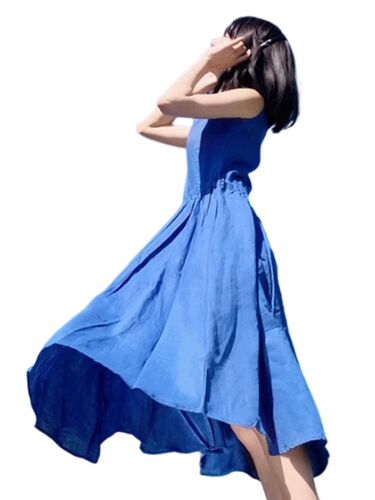 French little sleeveless blue dress, children's summer 2025 new seaside vacation beach vest and long dress