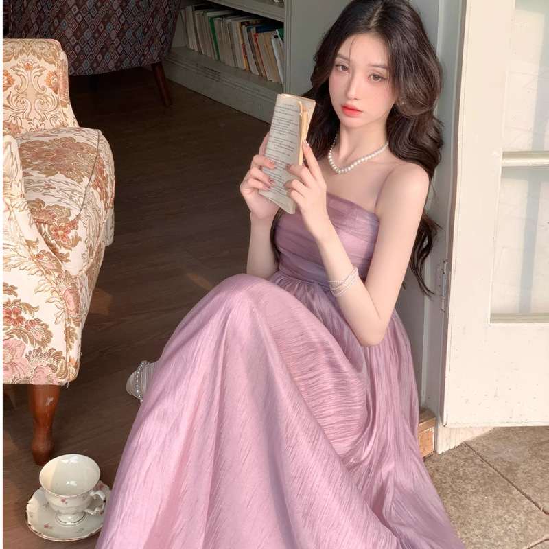 Purple Strapless Sleeveless Dress for Women, 2026 Summer New Style, Elegant Fairy Vacation Solid Color Waist-Cinching Slimming Long Dress Purple Strapless Sleeveless Dress for Women, 2026 Summer New Style, Elegant Fairy Vacation Solid Color Waist-Cinching Slimming Long Dress