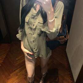 法式绿色polo领长袖衬衫女夏季慵懒风气质衬衣宽松防晒外套上衣秋