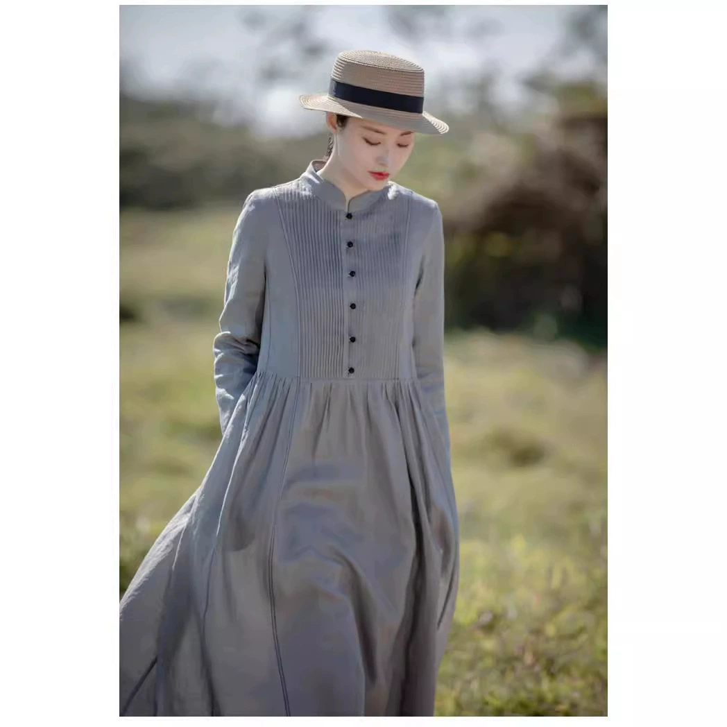 2022 весна-лето новое Оригинальное женское винтажное платье рами с длинным рукавом и воротником тонкое платье