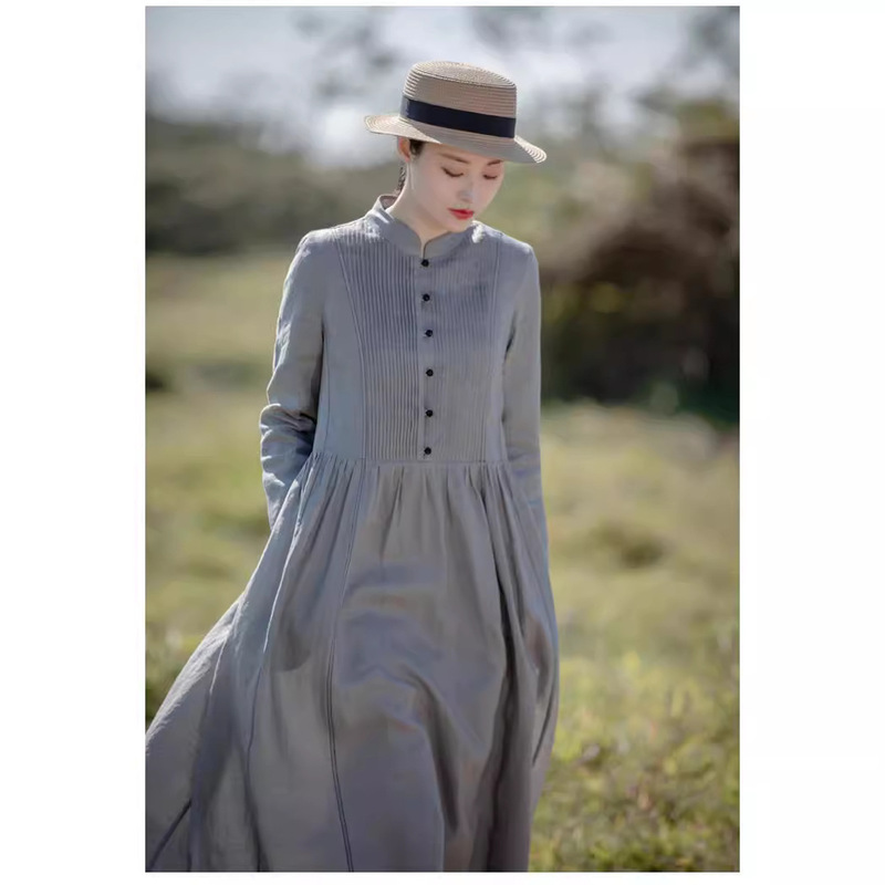 2022 spring and summer new original women's Ramie vintage long sleeve dress stand collar slim dress 2022 spring and summer new original women's Ramie vintage long sleeve dress stand collar slim dress