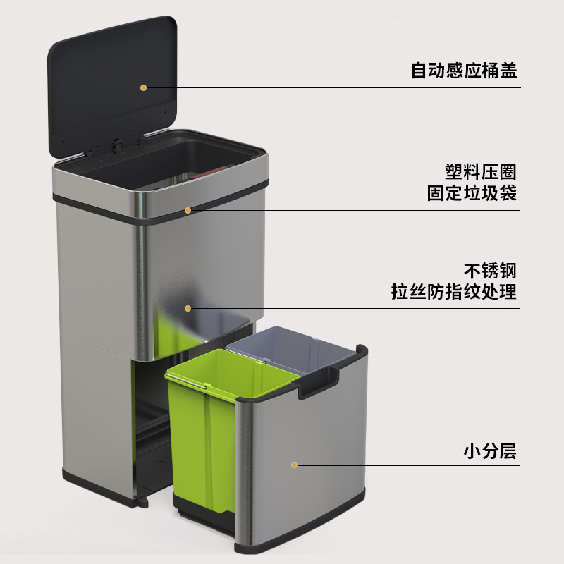 Clasificación de inducción infrarroja inteligente de basura de gran capacidad de acero inoxidable separación seca y húmeda de cocina doméstica sala de estar con rueda de cubierta