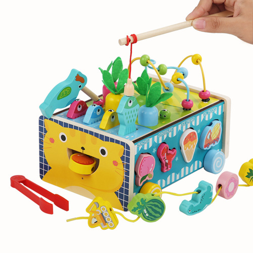 Children's wooden trailer toy, fishing, pulling carrots around jewelry, eight-in-one towing walker, assembling building blocks