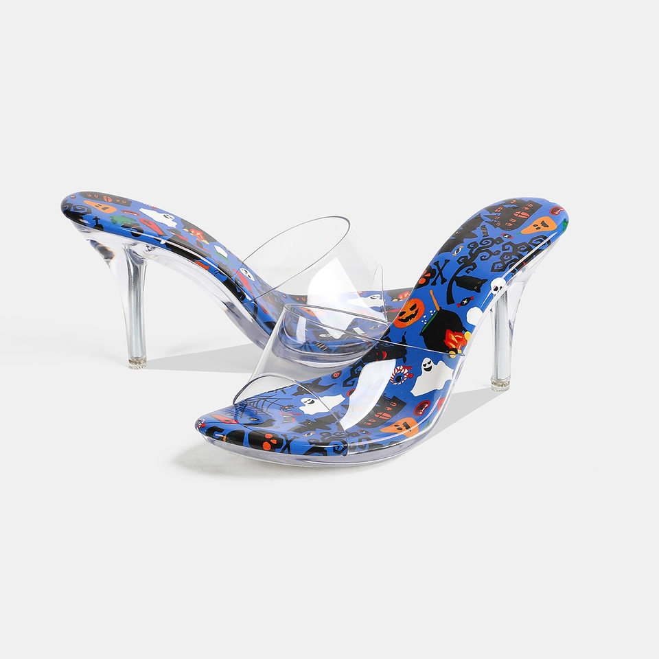 Dép sandal nữ quai ngang mũi hở, đế mỏng gót nhọn cao trên 8 cm, phối họa tiết trong suốt — Màu xanh da trời, trắng, đen chi tiết 3