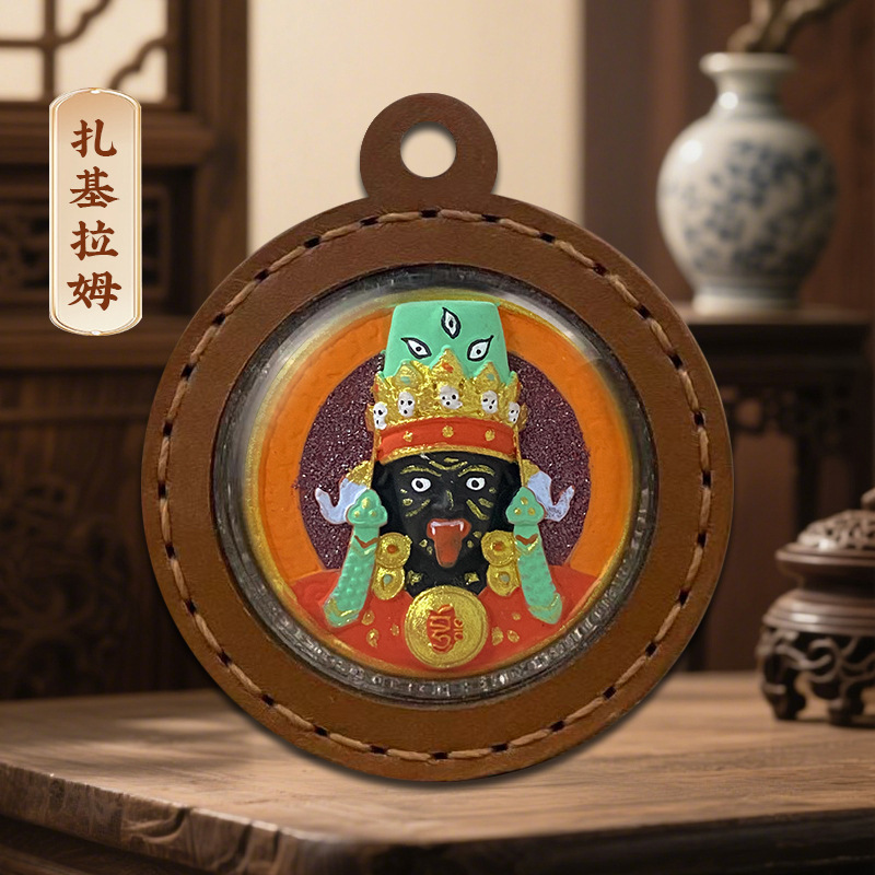 六臂绿度母五爷扎基拉姆黄财神皮壳嘎乌盒立体手绘擦擦唐卡吊坠|undefined