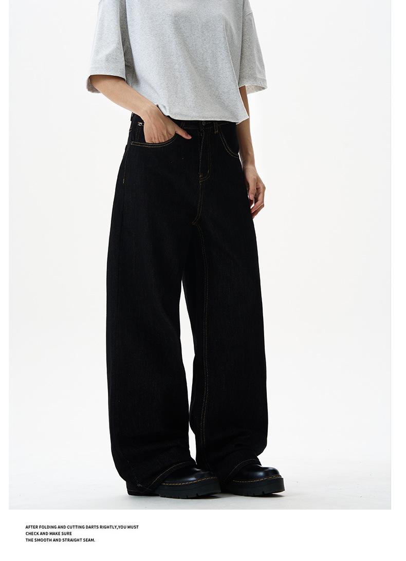 Men's American Vintage Straight Leg Jeans Classic Deep Blue And Black Denim Pants for Relaxed Fit_viptrois.com