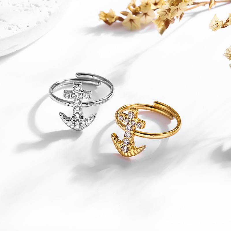 Großhandel Schmuck Ferien Einfacher Stil Anker Titan Stahl Zirkon Inlay Offener Ring display picture 2